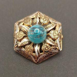 DAMASCENE Blue Glass Stone Vintage Toledoware Gold Floral Brooch Pin